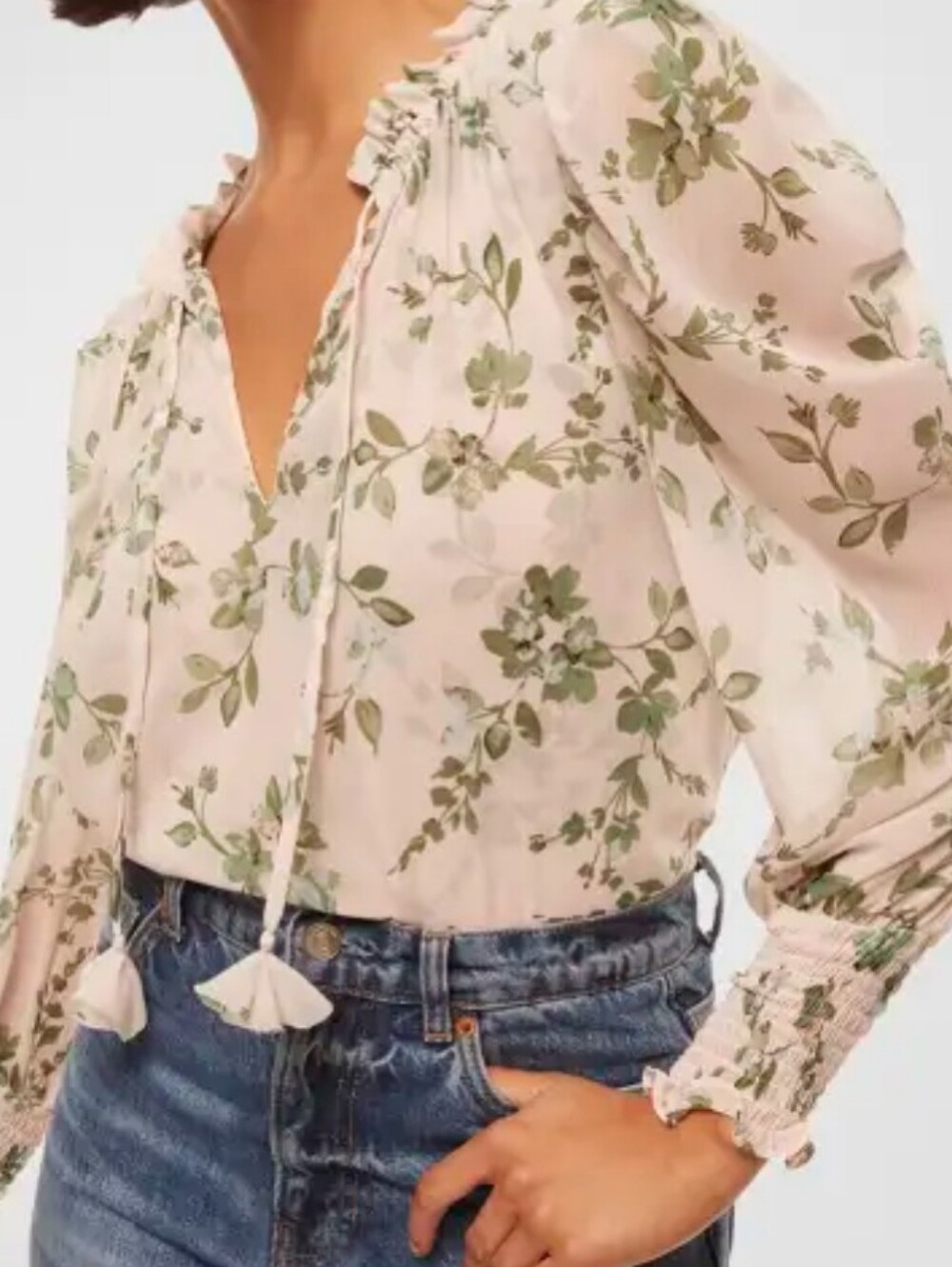 MISA LOS ANGELES Siena White Sage Semi-Sheer Ruffle Top Botanical S - Picture 12 of 15